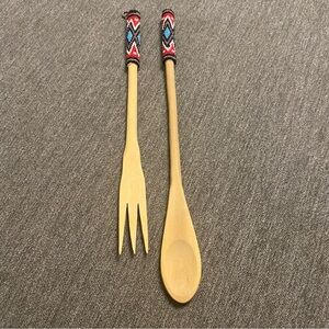 Hand Carved Wooden Beaded Salad Servers. The Loop on end is only on one